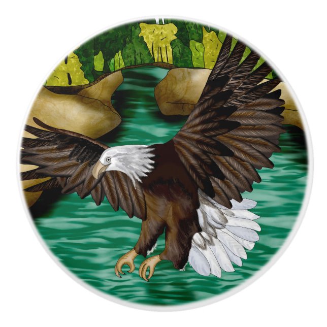 Eagle Flying Over River and Mountains Personalized Ceramic Knob (Front)