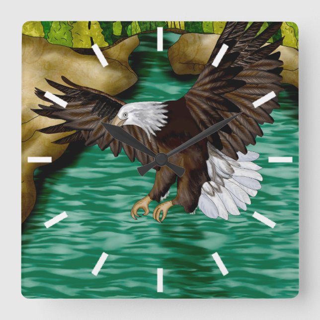 Eagle Flying over River and Mountains Square Wall Clock (Front)