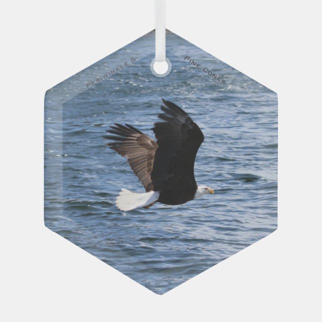 Eagle Flying over the Ocean Crest Glass Ornament (Front)