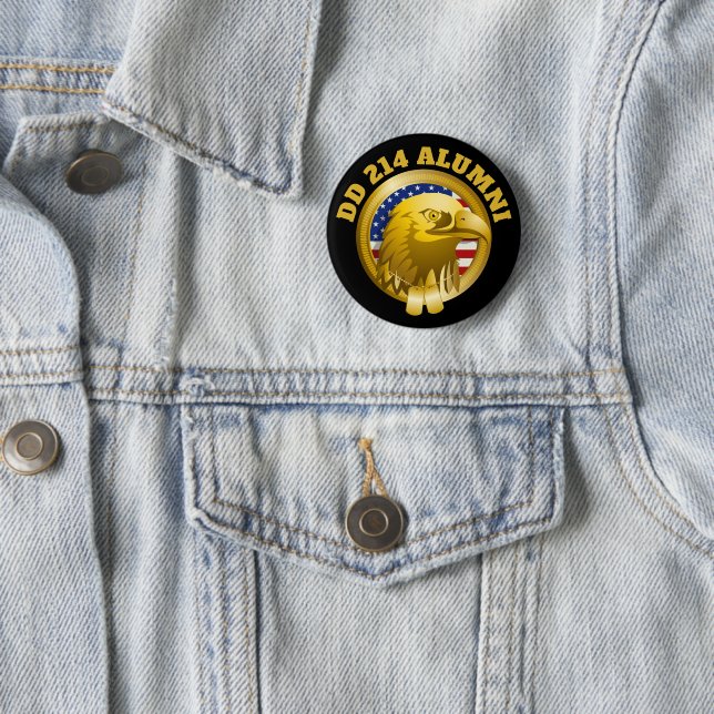Eagle Gold Emblem USA Flag | DD 214 Alumni Brooch 2 Inch Round Button (In Situ)