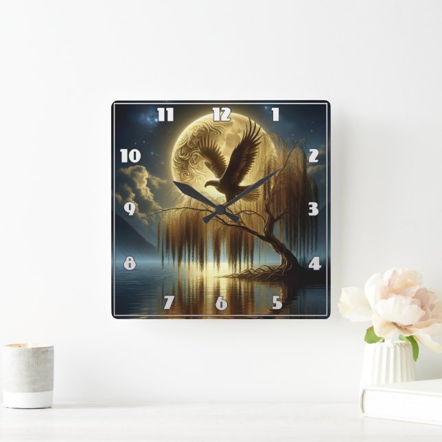 Eagle Majestically Perched on Tree Branch at Night Square Wall Clock (Home)