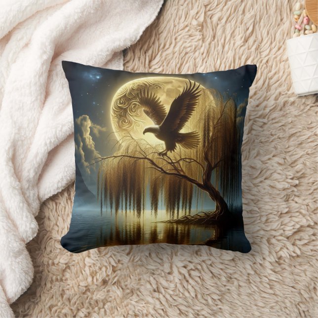 Eagle Majestically Perched on Tree Branch at Night Throw Pillow (Blanket)