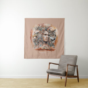 Eagle - Man - Wolf - watercolor art 1 - Fan Fun Tapestry
