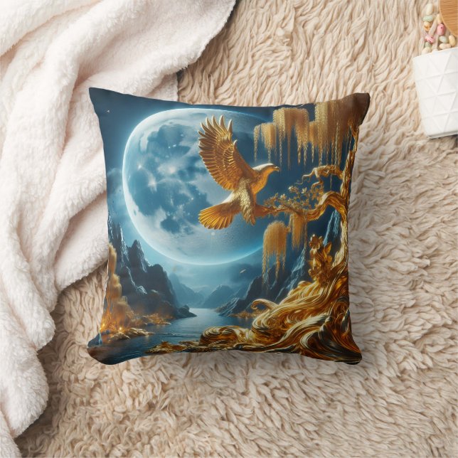 Eagle on a Branch in Moonlight Throw Pillow (Blanket)