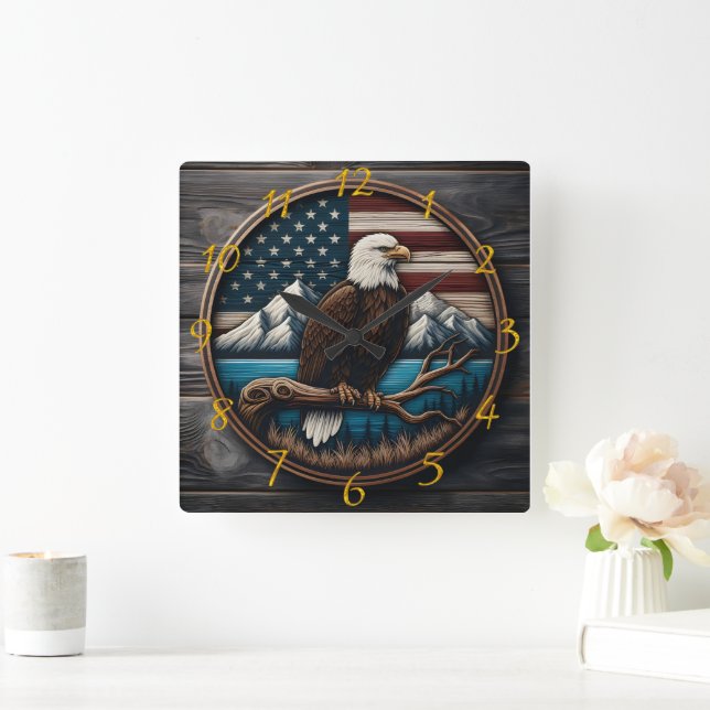 Eagle on Branch, American Flag  Square Wall Clock (Home)