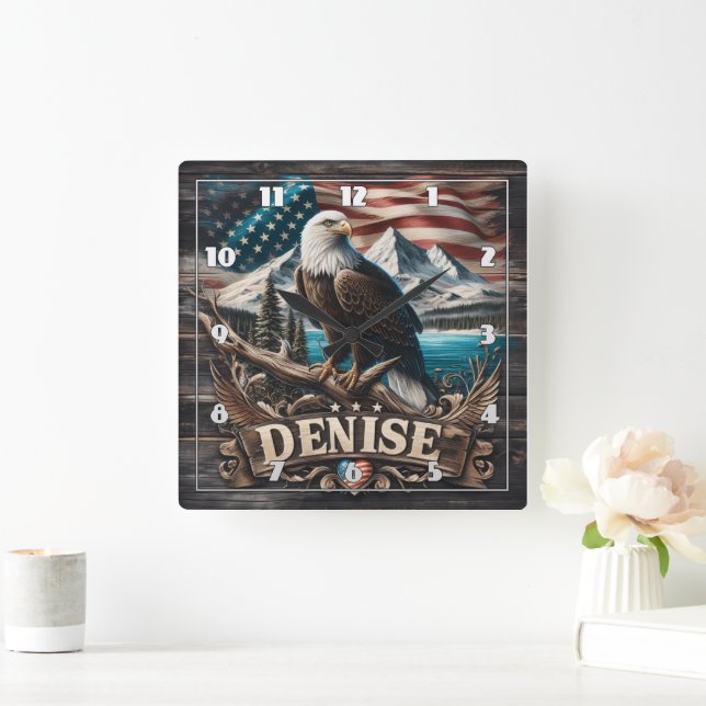Eagle on Branch With Flag Background Square Wall Clock (Home)