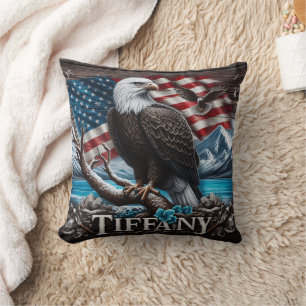 'Eagle on Branch With Flag Background' Throw Pillow