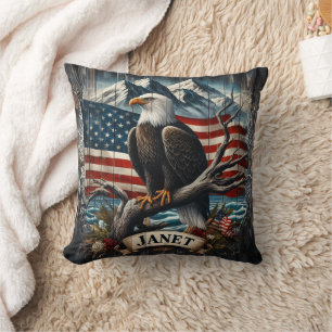 Eagle on Branch With Flag Throw Pillow