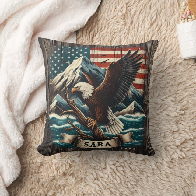 Eagle on Branch With Mountains and Flag Throw Pillow (Blanket)