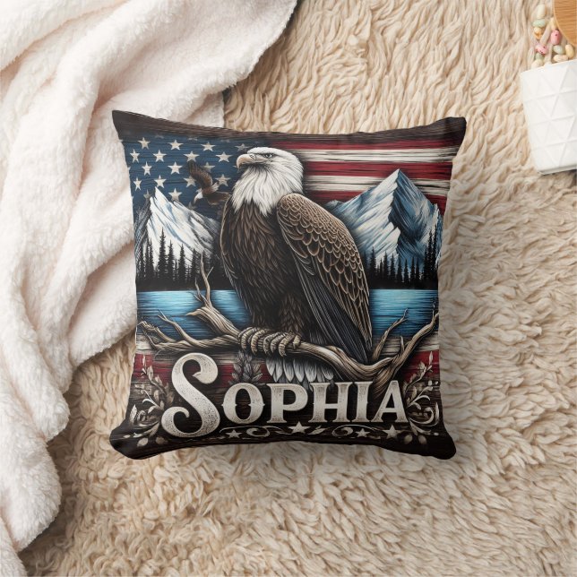 Eagle on Branch With Mountains & Flag Throw Pillow (Blanket)