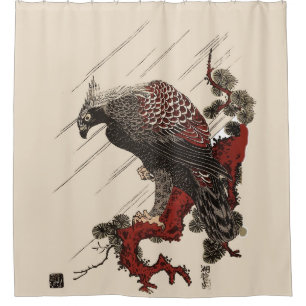 EAGLE ON THE PINE BRANCH IN THE RAIN Ukiyoe