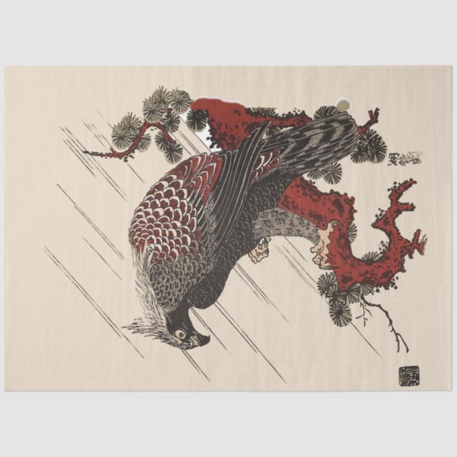 EAGLE ON THE PINE BRANCH IN THE RAIN Ukiyoe Tissue Paper (Front)