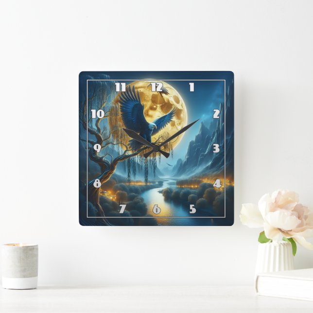 Eagle on Tree Branch Under Full Moonlight Square Wall Clock (Home)