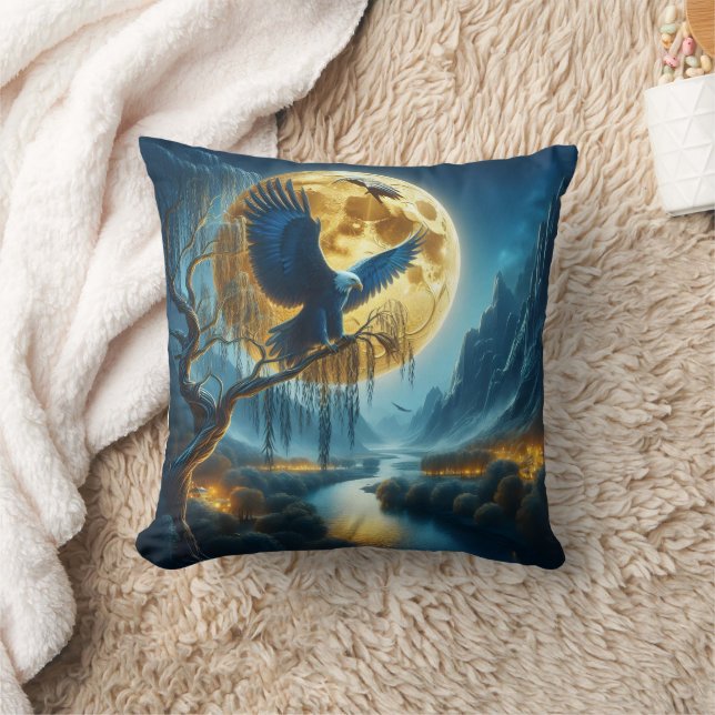 Eagle on Tree Branch Under Full Moonlight Throw Pillow (Blanket)