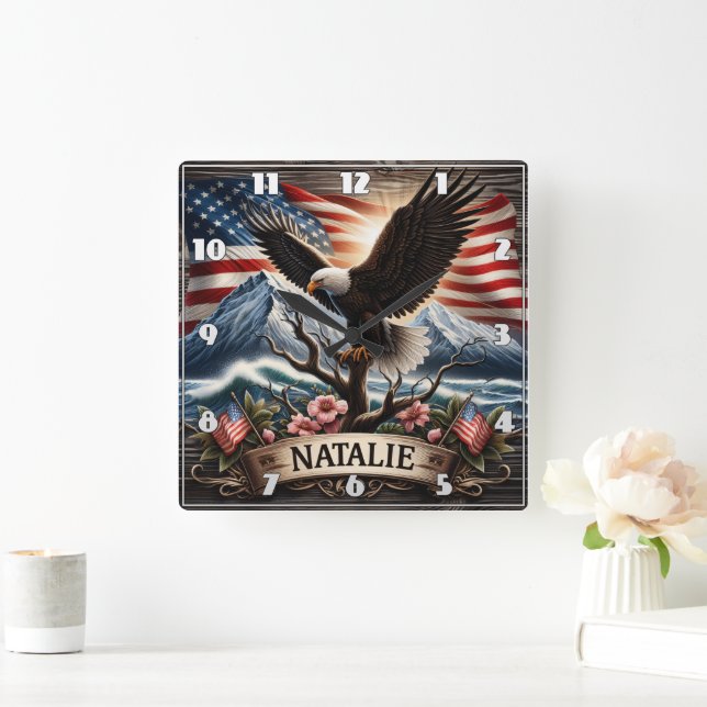 Eagle on Tree With Flag Background Square Wall Clock (Home)
