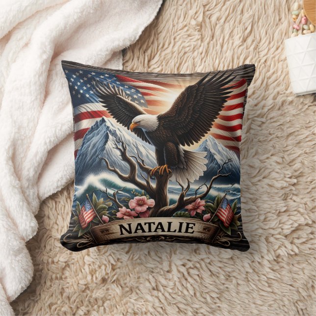 Eagle on Tree With Flag Background Throw Pillow (Blanket)