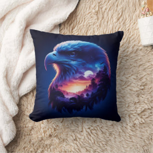 Eagle Overlayed with Mystical Sunset Landscape Throw Pillow