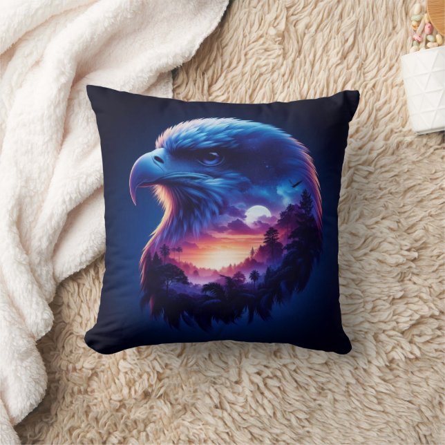 Eagle Overlayed with Mystical Sunset Landscape Throw Pillow (Blanket)