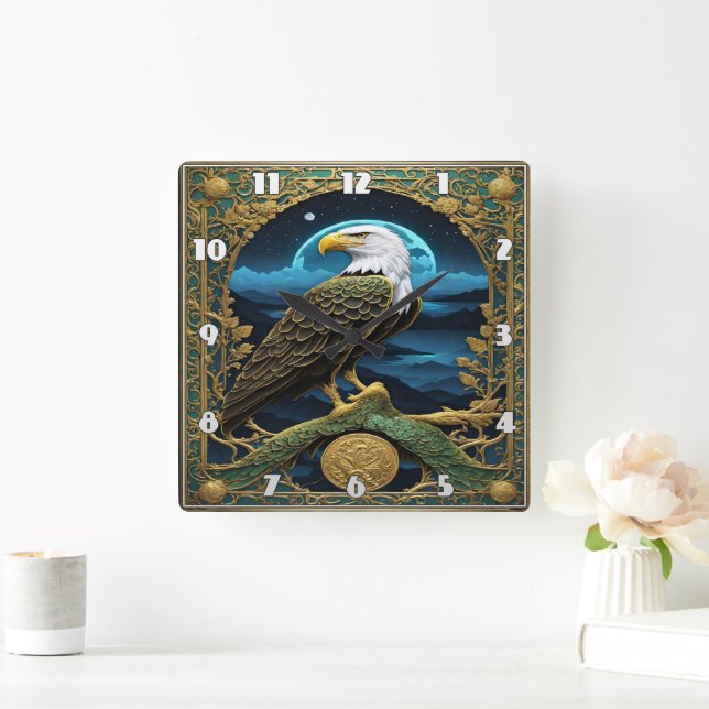 Eagle Perched Against Night Sky With Mountains Square Wall Clock (Home)