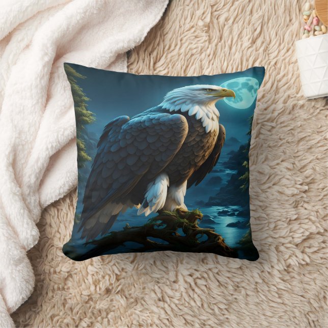 Eagle Perched at Night Under Full Moon Throw Pillow (Blanket)