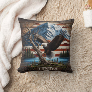 Eagle Perched by Lake Under Mountainous Sky Throw Pillow