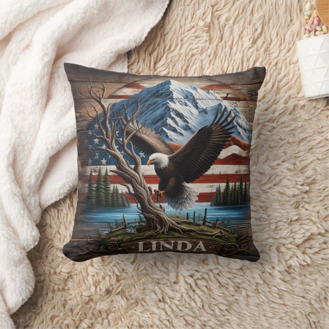 Eagle Perched by Lake Under Mountainous Sky Throw Pillow (Blanket)