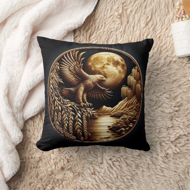 Eagle Perched by Moonlit Waters at Night Throw Pillow (Blanket)