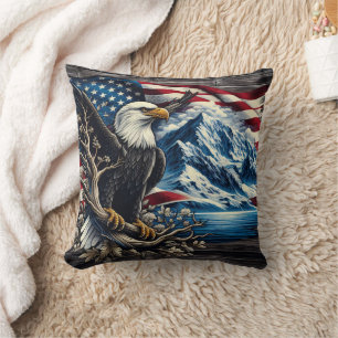 Eagle Perched by Rocky Mountains Throw Pillow