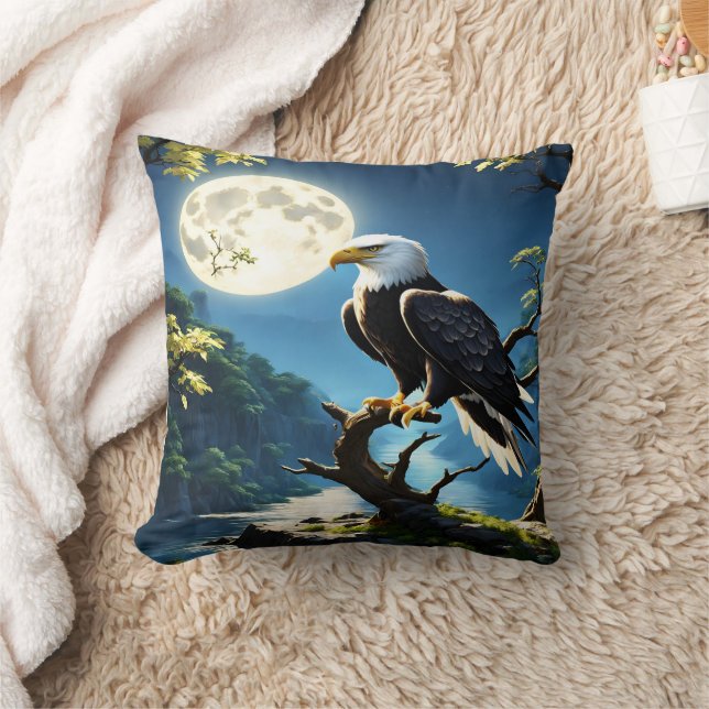 Eagle Perched Calmly on Branch Under Full Moon Throw Pillow (Blanket)