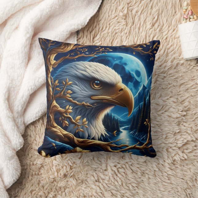 Eagle Perched Near River Under Moonlit Sky Throw Pillow (Blanket)