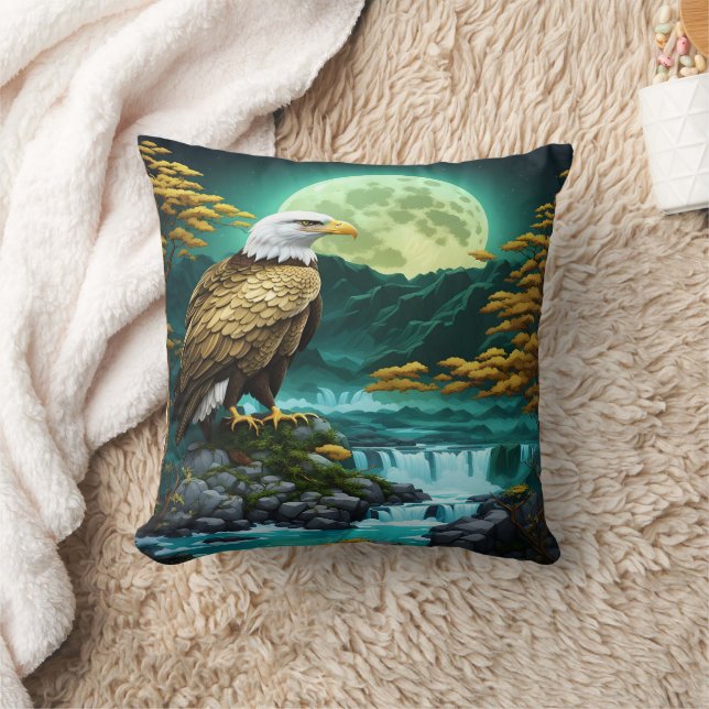Eagle Perched Near Waterfall Under Full Moon Throw Pillow (Blanket)