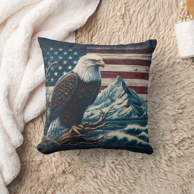 Eagle Perched on a Branch Near Mountains and Waves Throw Pillow (Blanket)
