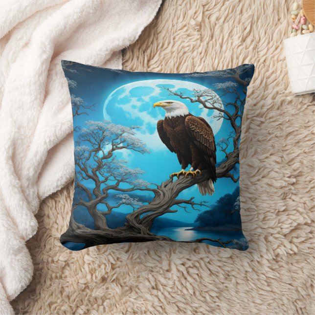 Eagle Perched on a Branch Under a Full Moon Throw Pillow (Blanket)