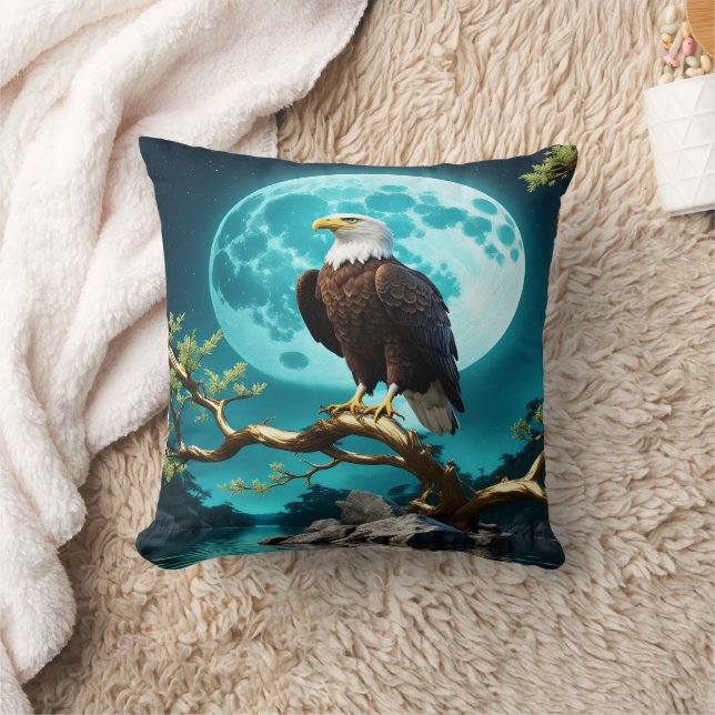 Eagle Perched on a Branch Under Full Moonlight Throw Pillow (Blanket)