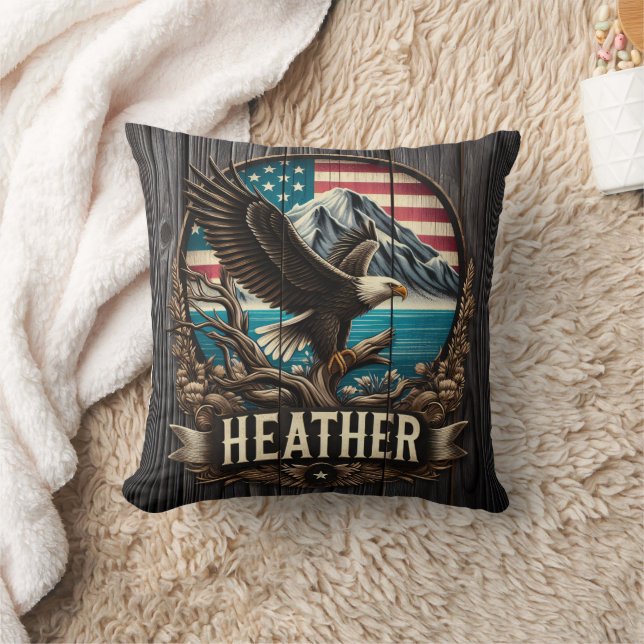 Eagle Perched on Branch Against American Landscape Throw Pillow (Blanket)