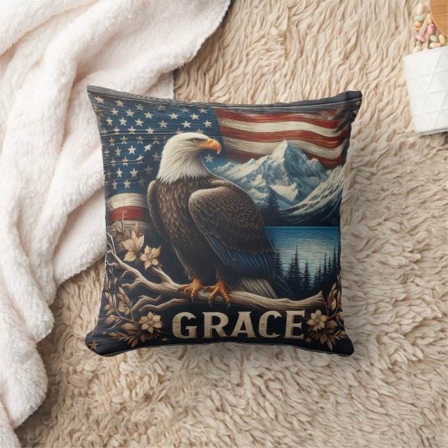 Eagle Perched on Branch Against Mountain Landscape Throw Pillow (Blanket)