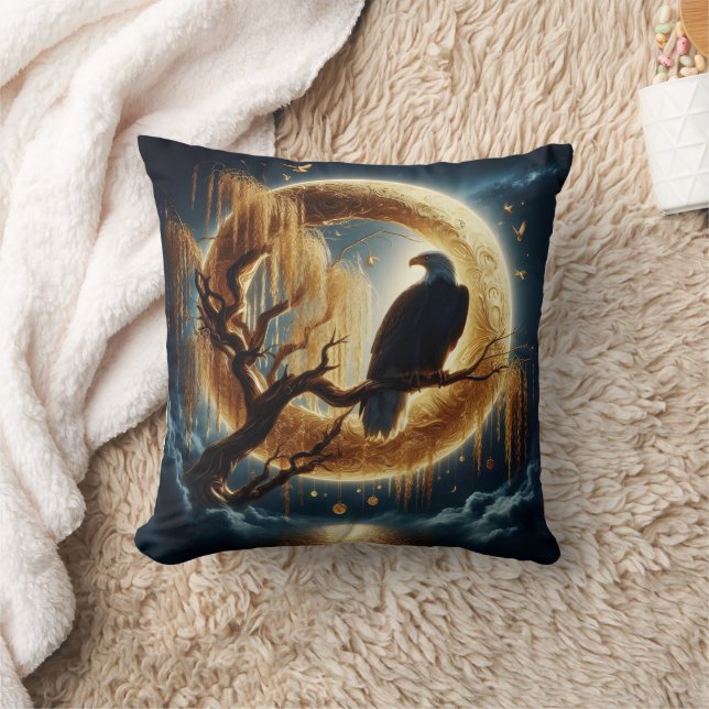 Eagle Perched on Branch Under a Full Moon Throw Pillow (Blanket)