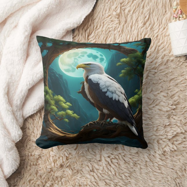 Eagle Perched on Branch Under Full Moon Night Throw Pillow (Blanket)