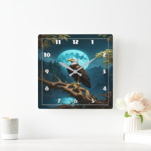 Eagle Perched on Branch Under Full Moon Square Wall Clock