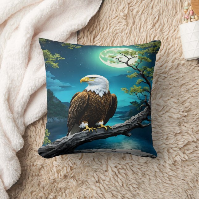 Eagle Perched on Branch Under Full Moon Throw Pillow (Blanket)