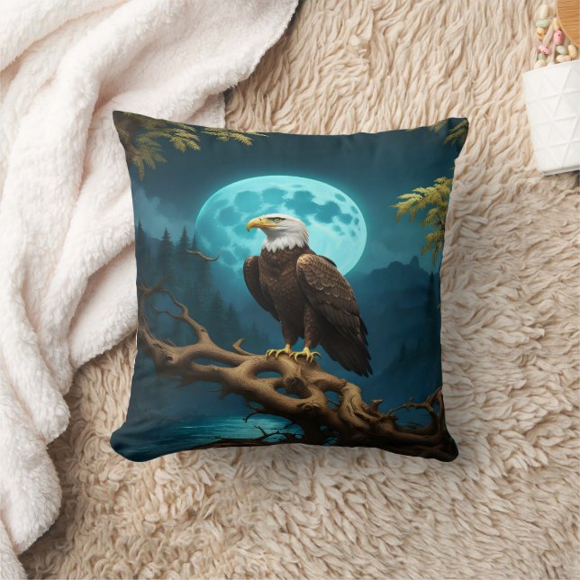 Eagle Perched on Branch Under Full Moon Throw Pillow (Blanket)