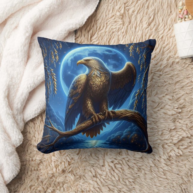Eagle Perched on Branch Under Full Moon Throw Pillow (Blanket)