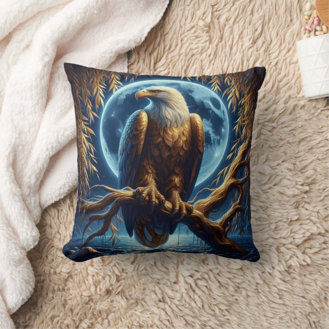 Eagle Perched On Branch Under Full Moon Throw Pillow (Blanket)