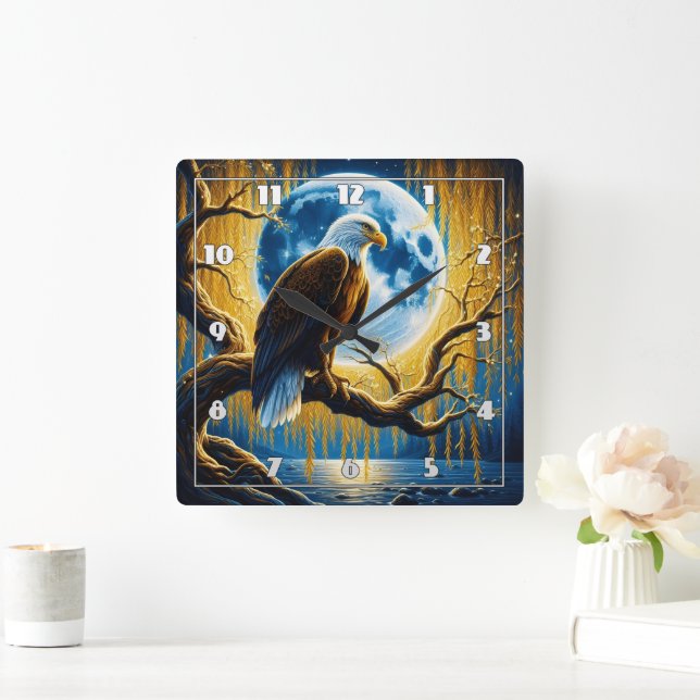 Eagle Perched on Branch Under Full Moonlight Square Wall Clock (Home)