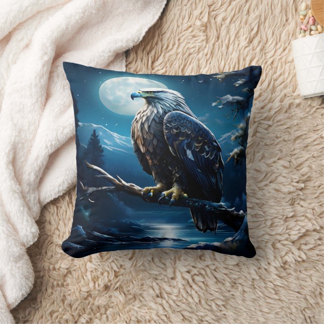 Eagle Perched on Branch Under Full Moonlight Throw Pillow (Blanket)