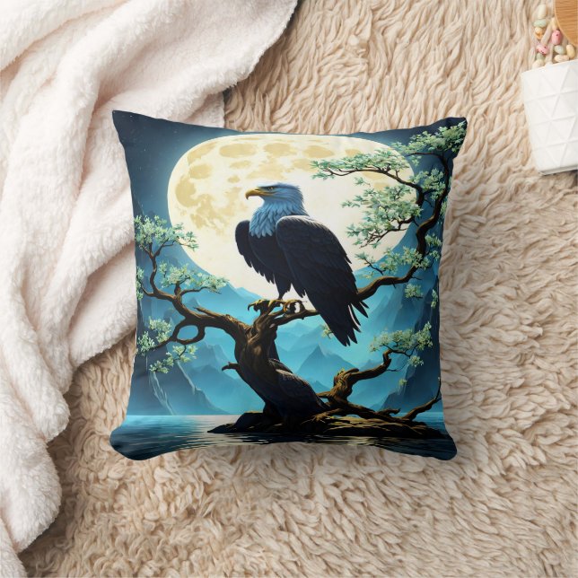 Eagle Perched on Branch Under Full Moonlight Throw Pillow (Blanket)