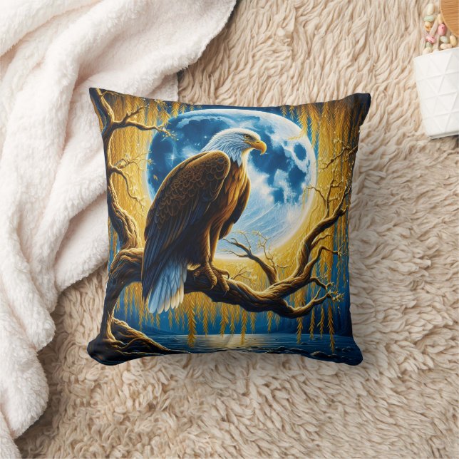 Eagle Perched on Branch Under Full Moonlight Throw Pillow (Blanket)