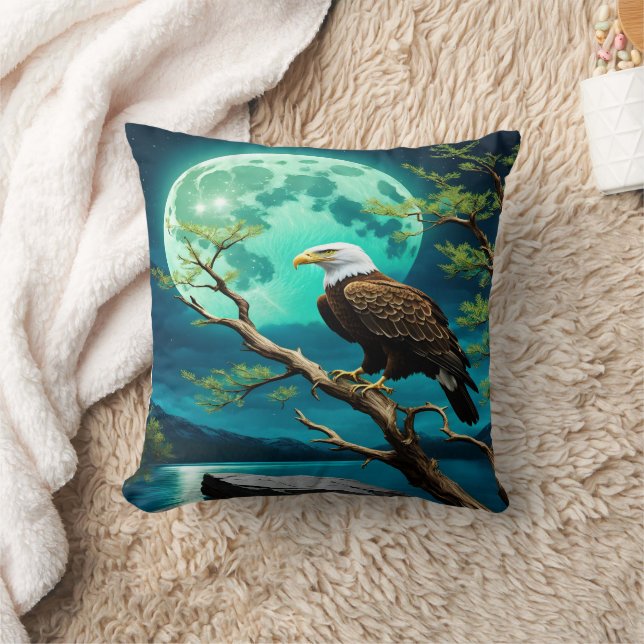 Eagle Perched on Branch Under Full Moonlight Throw Pillow (Blanket)