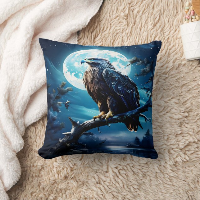 Eagle Perched on Branch Under Moonlight Throw Pillow (Blanket)