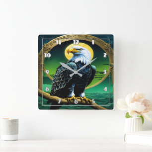 Eagle Perched on Branch Under Moonlit Sky Square Wall Clock